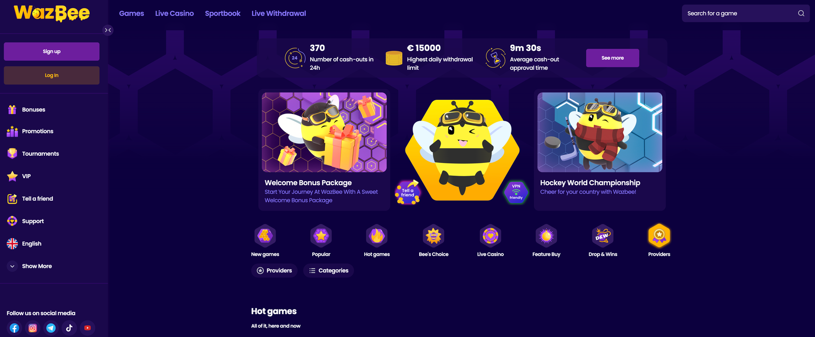 WazBee Casino Homepage